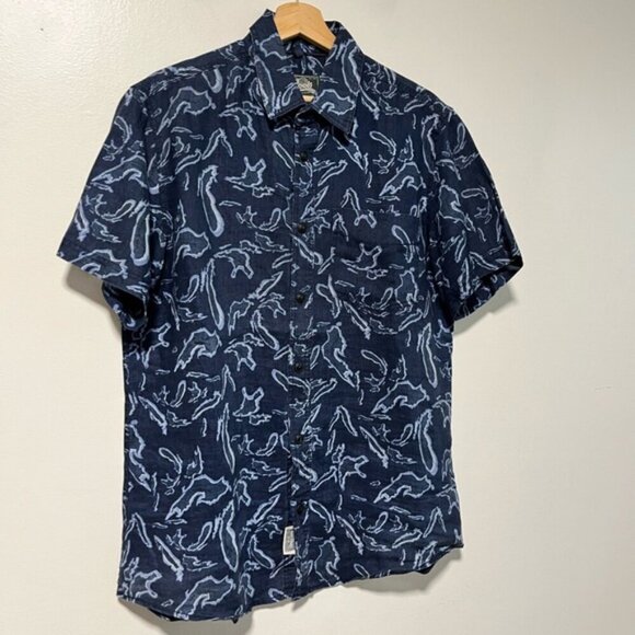 Roots Canada Blue Linen Button-Up Shirt - Men’s Medium, Abstract Print - Picture 3 of 14